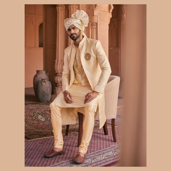 Self-Design Mandarin Collar Sherwani Set