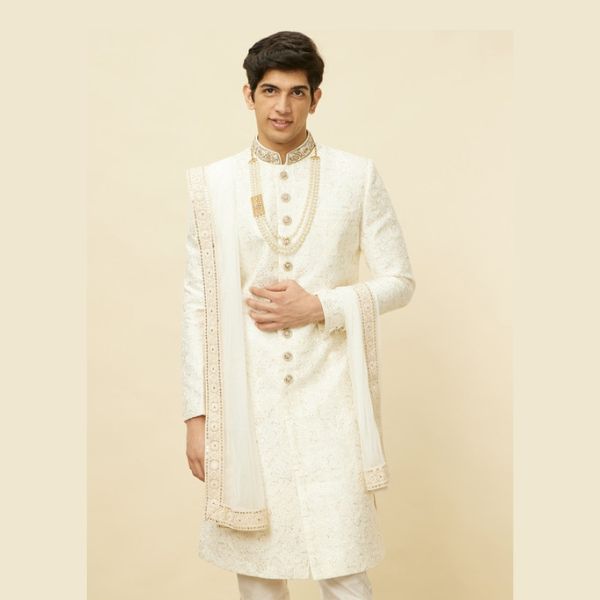 Self-Design Raw Silk Sherwani Set