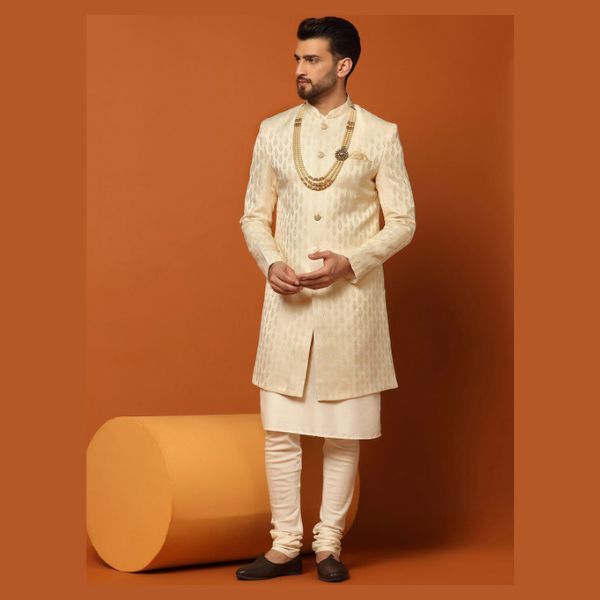 Self-Design Mandarin Collar Indowestern Sherwani Set